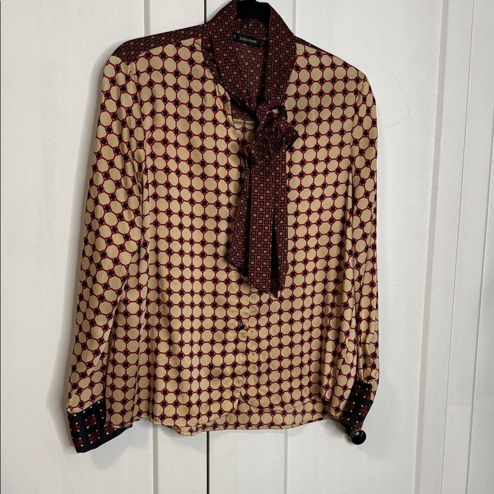 Zara Womens Geometric Button Down Shirt - Red and Cream